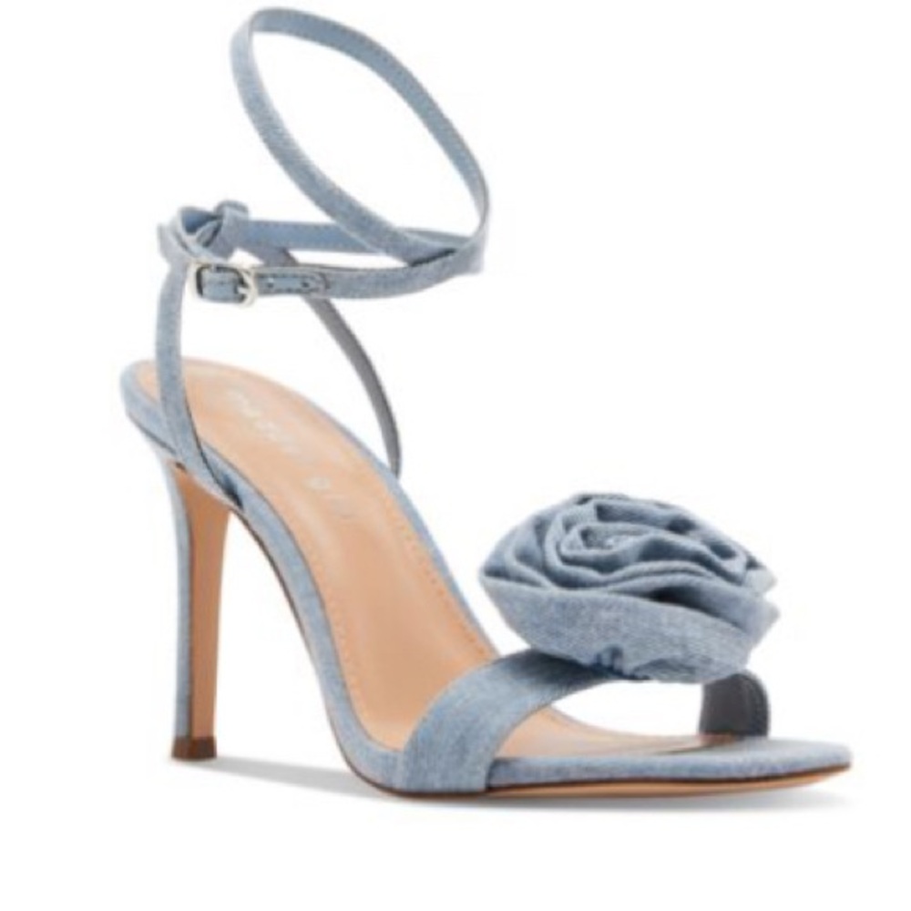 Light Blue Denim High Heel Sandals with Floral Accent